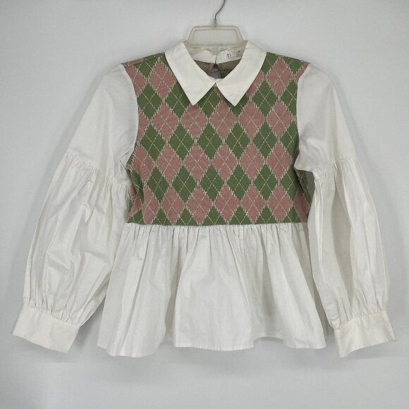 TCEC Tops - TCEC Womens Argyle Print Long Sleeve Blouse Collared Green Pink Size Large NWT